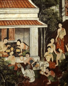 قصر السيدات يشترون المجوهرات والمرايا من التجار المسلمين على طراز راتاناكوسين (لوحة جدارية) بواسطة المدرسة التايلاندية