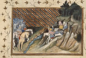 Harley 1319، f.9 Art Mór يركب للقاء إيرل غلوستر ، من "La Prinse et Mort du Roy Richart" (كتاب القبض على وموت الملك ريتشارد الثاني) "لجين كريتون