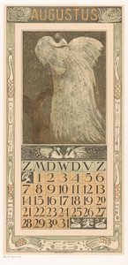 صفحة تقويم شهر أغسطس مع الطاووس الأبيض التقويم 1910 12 طباعة حجرية بواسطة Th. الخامس. Hoytema (عنوان المسلسل) بواسطة ثيو فان هويتيما