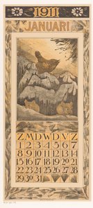 ورقة تقويم شهر يناير مع النمنمة والفئران التقويم 1911 12 طباعة حجرية بواسطة Th. v. Hoytema (عنوان المسلسل)