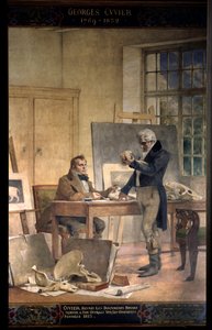 علم الحفريات: "" البارون جورج كوفييه (1769-1832) يجمع الوثائق لعمله على العظام الأحفورية "" فريسكو لثيوبال شارتران (1849-1907). جامعة باريس السوربون