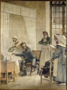 رينيه لينك تقوم بتدقيق فحص فحص العيون أمام طلابها. Rene-Theophile-Hyacinthe Laennec (1781-1826) ، طبيب فرنسي ، مخترع "pectoriloque" أو سماعة الطبيب. فريسكو