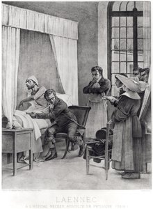 رينيه ثيوفيل Hyacinthe Laennec (1781-1826) يستمع إلى صدر رجل مع استهلاك ، 1816