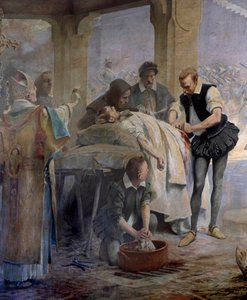 يمارس الطبيب أمبرواز باري (1509-1590) ربط الشرايين على مخرطة أصيب أثناء حصار تشارلز الخامس ميتز عام 1553 بالتفصيل. لوحة لثيوبالد شارتران (1849-1907)
