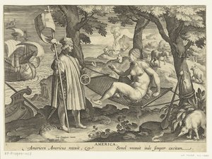Amerigo Vespucci تطأ قدمها في أمريكا أمريكا. Americen Americus retexit. Semel vocauit inde sempre excitam (العنوان على الكائن) الاختراعات والاكتشافات الجديدة (عنوان السلسلة) نوفا ريبيرتا (عنوان المسلسل)