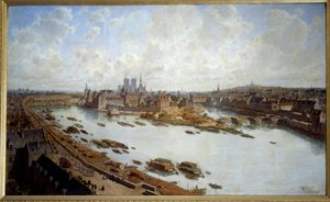 منظر بانورامي لباريس و Ile de la Cite في عام 1588 من أسطح متحف اللوفر ، بونت نوف قيد الإنشاء لوحة لثيودور جوزيف هوبير هوفباور (1839-1922) 1890