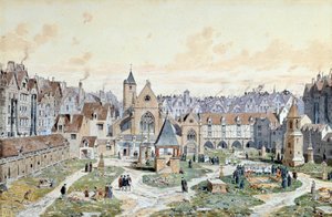 منظر لمقبرة الأبرياء في باريس عام 1550. لوحة مائية لثيودور جوزيف هوبير هوفباور (1839-1922) القرن التاسع عشر ، متحف كارنافالي في باريس