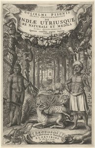 رجلان وحيوانات برية أمام الغابة صفحة العنوان لـ: Indiae Utriusque ، 1658 بواسطة Lowijs Elzevier (الثالث) ودانيال