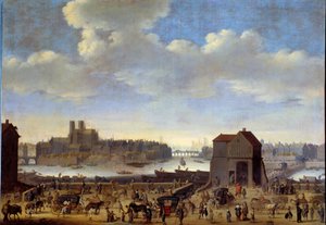 منظر لـ Quai و Pont de la Tournelle و Ile de la Cite و Ile Saint Louis في باريس حوالي عام 1646 لوحة لثيودور ديرك ماثام (1606-1676) 1646 Dim. 1.0 x 1.41 m Paris ، Musee Carnavalet