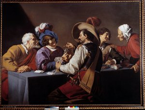 لاعبو البطاقات ، لوحة بريلان بواسطة ثيودور رومبوتس (1597-1637) شمس القرن السابع عشر. 1،52x2،06 م أنتويرب. متحف كونينكليك - لاعبو الورق "" بريلان "". لوحة لثيودور رومبوتس (1597-1637) بواسطة روايات ثيودور