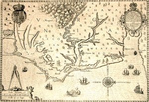 خريطة عام 1590 نقشها ثيودور دي بري بعد الألوان المائية للمستعمر الإنجليزي جون وايت ، حاكم رونوك. فرجينيا والساحل مع الجزر الصغيرة ورونوك عند مصب النهر. أراضي Secotan و Weapemeoc الأصلية. بواسطة ثيودور دي بري