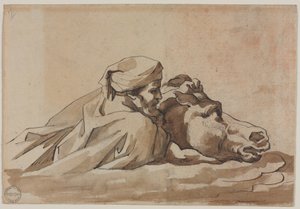 رجل يمسك بحصان في الماء، بعد لوحة "الطوفان" لبوسين (على الوجه)، حوالي 1816 (قلم وحبر بني وفرشاة وغسل بني على الجرافيت) بواسطة ثيودور جيريكولت