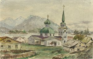 منظر خلفي للكنيسة اليونانية ، سيتكا ، 1888.