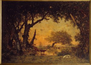 خروج من الغابة في فونتينبلو ، غروب الشمس لوحة لثيودور روسو (1812-1867) شمس القرن التاسع عشر. 1،42x1،97 م