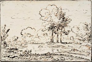 منظر طبيعي مع ثلاث أشجار طويلة على ضفة نهر بواسطة Theodore Rousseau