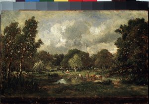 أبقار في مكان الري. لوحة لثيودور روسو (1812-1867). زيت على خشب