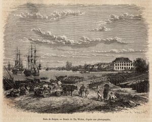 La rade de Saigon ، نقش بعد رسم بواسطة T. Weber ، يوضح الرحلة إلى Cochinchine ، بواسطة دكتور موريس ، في عام 1872 ، نُشر في "" Le tour du monde "" "1875 ، تحرير إدوارد شارتون ، طبعة Hachette ، باريس. مجموعة سيلفا.