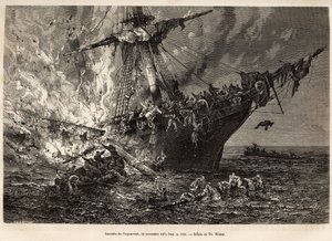 حريق Cospatrick ، وهي سفينة بريطانية تحمل أكثر من 400 مهاجر إلى نيوزيلندا ، في 19 نوفمبر 1874 ، نقش بعد رسم بواسطة T. Weber ، يوضح دراسة العواصف والرحلات ، بواسطة السيد Zurcher والسيد Margolle ، في 1870-1874 ، نُشر في