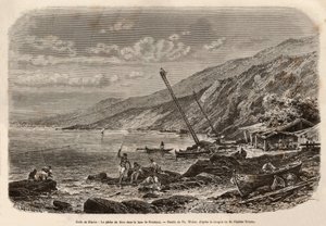 صيد سمك التونة في خليج Proelucca (خليج Fiume أو Rijeka ، Istria) ، مراقبة ضفاف الأسماك جاثمة على نطاقات عالية وإخبار الصيادين بفريقهم أو رمي شباكهم على طول الساحل. نقش بعد رسم تي ويبر لتوضيح قصة عن دال