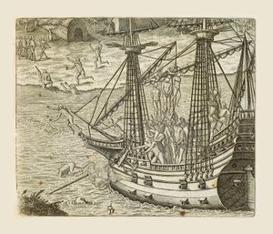 بارتولوميو دياز يعلق بعض الهنود على كارافيل ، نقش بواسطة ثيودور دي بري (1528-1598) من أمريكا بواسطة تيودور دي بري
