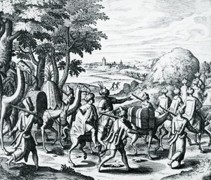 قافلة التجار العرب المسافرين من حلب إلى البصرة ، نقش من Grands and Petits Voyages ، بقلم تيودور دي بري (1528-1598) ، الشرق الأوسط بواسطة تيودور دي بري
