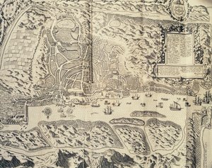 مدينة غوا في الهند ، نقش لثيودور دي بري (1528-1598) من حساب السفر لرحلة البحار جان هيغن فان لينشوتن إلى الهند الشرقية البرتغالية 1579-1592) ، القرن السادس عشر بواسطة تيودور دي بري