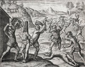وصف الجرائم التي ارتكبها المستوطنون الإسبان على الهنود - تعذيب الإسبان للهنود - نقش لثيودور دي بري في "بريفيزيما ريلاسيون دي لا ديستروكشن دي لاس إندياس" بقلم بارتولومي دي لاس كاساس (1484-1566)