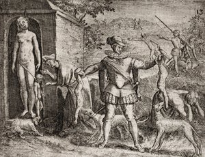 وصف الجرائم التي ارتكبها المستوطنون الإسبان على الهنود - الغزاة الإسبان الذين ذبحوا النساء والأطفال الهنود. معلقة. الأطفال jetes aux chiens - نقش بواسطة ثيودور دي بري في "" Narratio regionum indicarum per Hispanos quosdam devastatar بواسطة تيودور دي بري