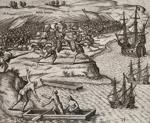 قتال بين كريستوفر كولومبوس وفرانشيسكو بوريسيو في جامايكا ، نقش لثيودور دي بري (1528-1598) بواسطة تيودور دي بري