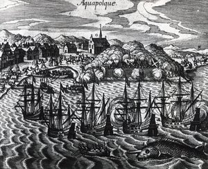 أسطول الجاليون في ميناء أكابولكو ، بقلم تيودور دي بري (1528-1598) ، نقش بواسطة تيودور دي بري
