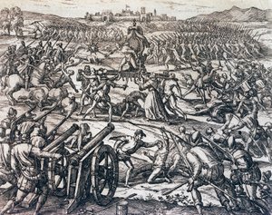 قوات فرانسيسكو بيزارو (حوالي 1475-1541) تستولي على إمبراطور الإنكا أتاهوالبا خلال معركة كاخاماركا ، 16 نوفمبر بواسطة تيودور دي بري