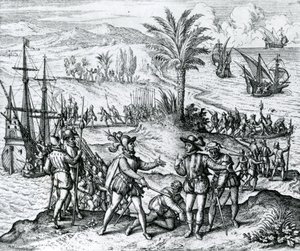 وصول فرانسيسكو دي بوباديلا كمحافظ واعتقال كريستوفر كولومبوس (1451-1506) في هيسبانيولا ، 1500 ، 1590 بواسطة تيودور دي بري