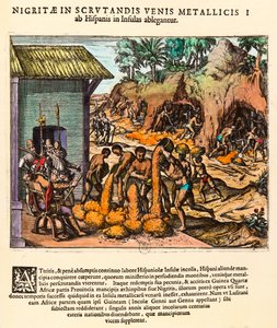 تاريخ أمريكا: الأسبان يستغلون مناجم الذهب. الهنود يعملون أمام أعين المستوطنين. نقش لثيودور دي بري (1528-1598). مجموعة خاصة من القرن السادس عشر