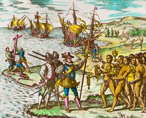 تاريخ أمريكا: المستكشف كريستوفر كولومبوس (1451-1506) رحب به الهنود عند وصوله إلى العالم الجديد "" نقش لثيودور دي بري (1528-1598) نقش من القرن السادس عشر