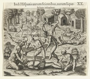 يسكب الهنود الذهب السائل في فم الإسباني ، 1594. بواسطة تيودور دي بري