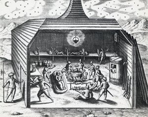 الجزء الداخلي لمنزل ويليام بارنتس (حوالي 1550-1597) الشتوي في أرخبيل نوفايا زيمليا الروسي ، بقلم تيودور دي بري (1528-1598) ، نقش بواسطة تيودور دي بري