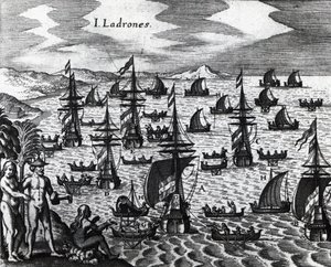 Islands of Thieves (Islas de los Ladrones, today Marianas islands), engraving from Peregrinationes, by Theodor de Bry (1528-1598). 16th century بواسطة تيودور دي بري