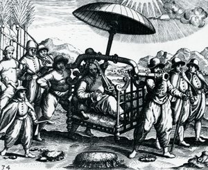 البرتغالية في الهند ، يتم نقلها على القمامة ، نقش من Peregrinationes ، بواسطة تيودور دي بري (1528-1598) ، الهند بواسطة تيودور دي بري