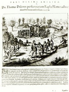 رالف هامور يزور بوهاتان ، 1619 (نقش) (صور من وزن الجسم) بواسطة تيودور دي بري