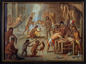مشهد أكل لحوم البشر في البرازيل عام 1644 التهم الهنود أعدائهم وسجناءهم. لوحة رسمها جان فان كيسيل ديت لو فيو (1626-1679) (ec.flam.) من رسم توضيحي لرحلات ثيودور دي بري إلى البرازيل. الشمس. 0،18x0،24 م لاروشيل ، متحف د