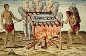سكان تاينو الأصليون يطبخون السمك ، نقش ملون لثيودور دي بري (1528-1598) من لوحة جون وايت ، من تقرير موجز وحقيقي لأرض فيرجينيا المكتشفة حديثًا بواسطة تيودور دي بري
