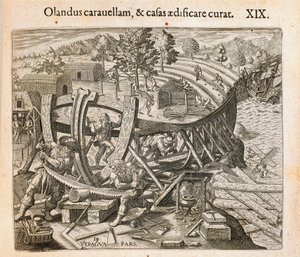 قام الإسبان ببناء أول سفينة لهم في العالم الجديد ، نقشًا بواسطة ثيودور دي بري (1528-1598) من أمريكا بواسطة تيودور دي بري