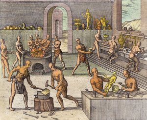 ورشة صاغة ذهب أتاهوالبا في كيتو ، من حساب بقلم جيرولامو بنزوني ، من "Newe Welt und Americanische Historien" بقلم يوهان لودفيج جوتفريد ، نشره Mattaeus Merian ، فرانكفورت ، بواسطة تيودور دي بري