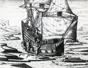 سفينة ويليام بارنتس (حوالي 1550-1597) خلال الرحلة الاستكشافية الهولندية الثالثة للبحث عن الممر الشمالي الشرقي ، بقلم تيودور دي بري (1528-1598) ، نقش بواسطة تيودور دي بري