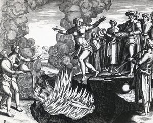 امرأة ترمي نفسها على محرقة زوجها ، بواسطة ثيودور دي بري (1528-1598) ، نقش بواسطة تيودور دي بري