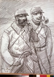 الحرب العالمية الأولى: "المشعر عام 1915" جنود فرنسيون. رسم ثيوفيل الكسندر شتاينلين (1859-1923) بواسطة ثيوفيل الكسندر شتاينلين