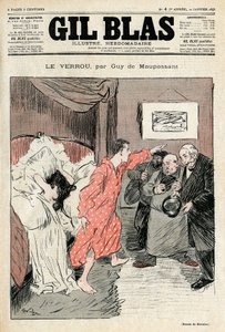 رسم توضيحي من Steinlen للقصة القصيرة لـ Guy de Maupassant "" القفل "". زوجان غير شرعيين يقعان في حب عاطفي كامل - زانية ، مفاجأة. غلاف جيل بلاس رقم 4 ، 22 يناير بواسطة ثيوفيل الكسندر شتاينلين
