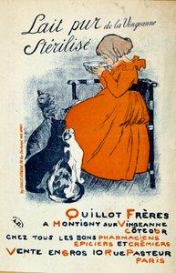 ملصق لثيوفيل ألكسندر شتاينلين (1859-1923) لـ "Lait pur de la Vingeanne للتعقيم: Quillot Freres a Montigny sur Vingeanne - Cote d'Or": فتاة صغيرة تشرب كوبًا من الحليب تحت نظرة حسد لثلاث قطط بواسطة ثيوفيل الكسندر شتاينلين