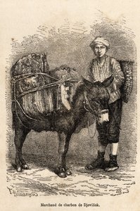 تاجر فحم ، مع حماره ، في دجويليسك (شمال الأناضول) ، نقش بعد رسم للراوي ، يوضح رحلة في لازيستان وأرمينيا ، عام 1869 ، لثيوفيل ديرول ، نُشر في "" Le tour du monde "" 1875 ، حرره إدوارد شارتون