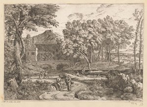 منظر أركادي مع قطيع من الماعز بجانب الماء وأم وطفل على طريق مع شخصيات أخرى Suite de Paysages (عنوان السلسلة) بواسطة جان فرانسوا ميليت (الثاني)